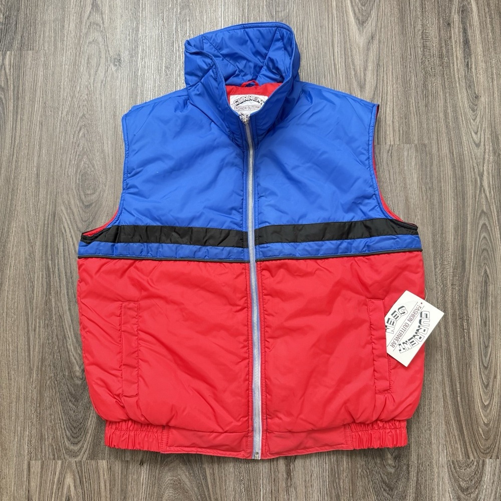 Vtg Current Seen Puffer Vest Jacket Red Blue Large Nylon Polyester